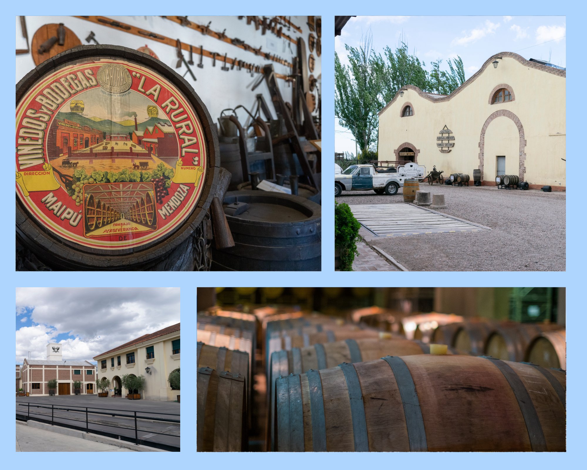 Historische und moderne Bodega-Gebäude mit Weinfässern in Mendoza