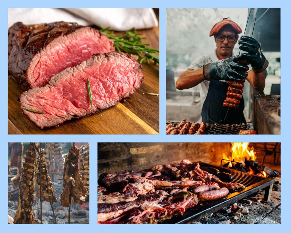 Argentinisches Asado auf dem Grill: gegrilltes Rindfleisch, Chorizo und Rippchen über offener Glut