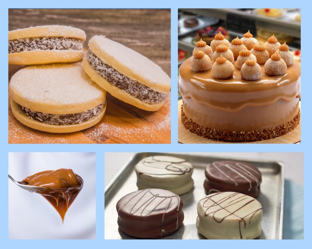 Alfajores mit Dulce de Leche und ein Kuchen mit karamelliger Dulce-de-Leche-Füllung