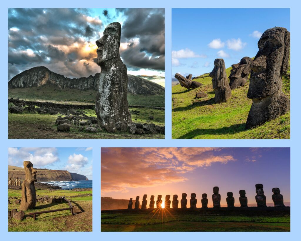 Vier Bilder von Moai-Statuen: Eine steht vor einem Berghang, weitere vier teils gekippte stehen auf einem Berghang, eine weitere steht vor dem Meer, 15 weitere vor dem Sonnenaufgang in einer Reihe