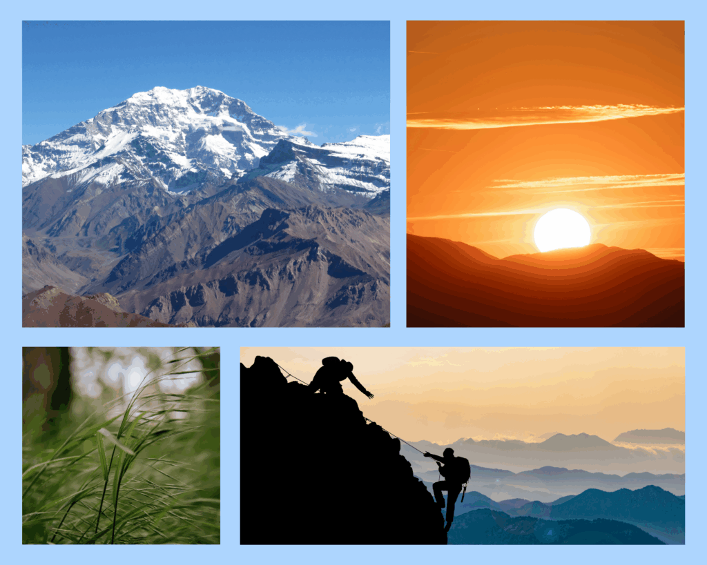 Höchsten Berge – majestätischer Blick auf den schneebedeckten Aconcagua in den Anden, den höchsten Gipfel Südamerikas, umgeben von Sonnenaufgang und Berglandschaft.