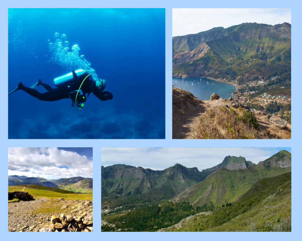 Collage mit Taucher, San Juan Bautista und Berglandschaft auf der Robinson Crusoe Insel