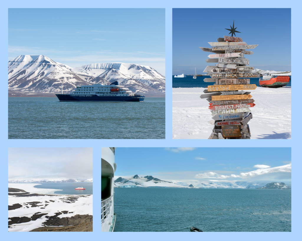 Ankunft auf die Südlichen Shetlandinseln, mit dem Kreuzfahrtschiff, wie ein Expeditionesteam dringt man immer weiter in die ewige Weite der Antarktis ein. Türkisblaues Wasser und Gletscher liegen auf dem weg und der bunte Wegweiser auf einer der Inseln, mit verschiedenen Orten von der ganzen Welt und deren Entfernung zu den südlichen Shetlandinseln, total spannend zu sehen wie weit man doch entfernt ist.