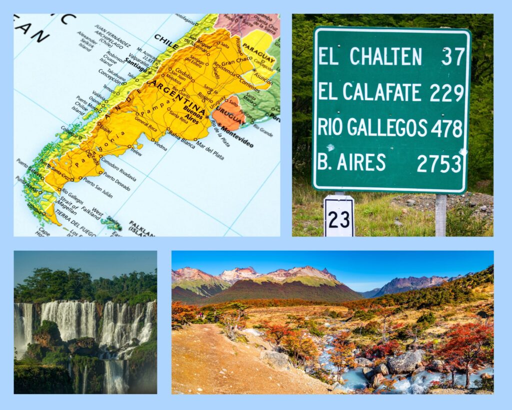 Die Entfernungen in Argentinien sind sehr groß: zwischen Iguazú (unten links) und Feuerland (unten rechts) liegen 3444km Luftlinie