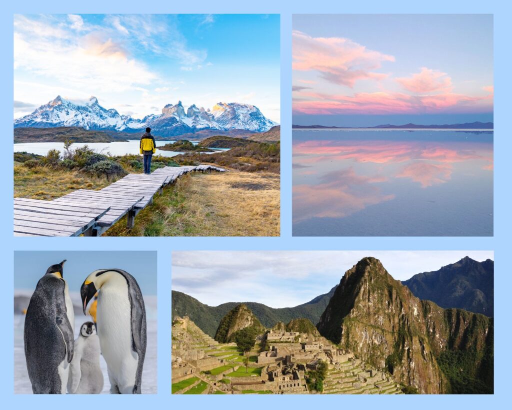 Mögliche Kombinationen mit einer Argentinienreise: Torres del Paine Nationalpark in Chile, Salar de Uyuni in Bolivien, Kaiserpinguine in der Antarktis oder Peru mit Machu Picchu