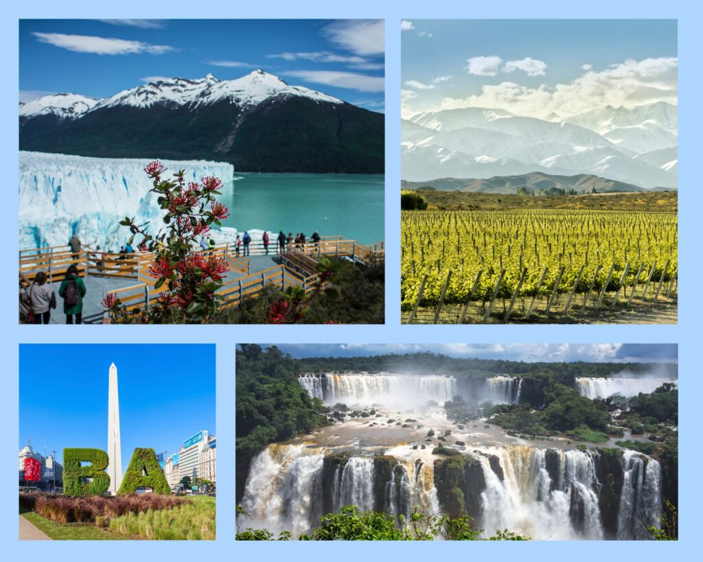 Collage: Highlights einer Argentinienreise: Perito Moreno-Gletscher in Patagonien, Mendoza mit Weinanbau, Buenos Aires und die Wasserfälle in Iguazú