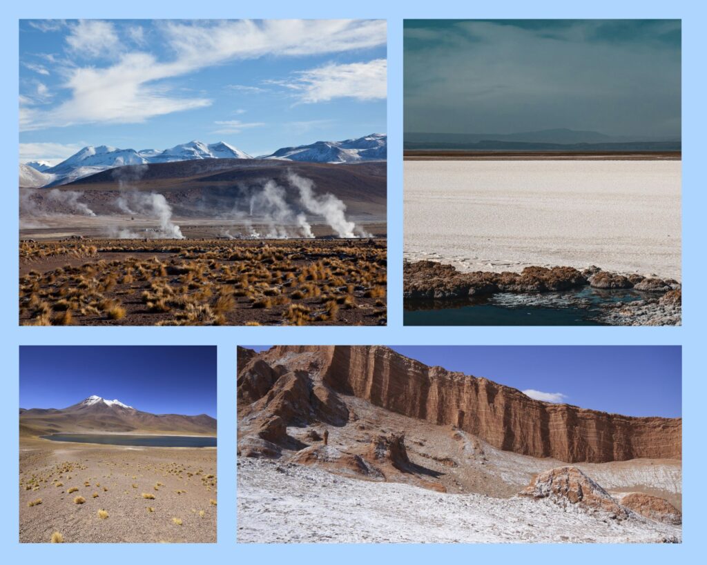Atacama Wüste Chile – Geysire, Salzflächen, Hochlandlagunen und Felsformationen als typische geologische Strukturen der Wüste.
