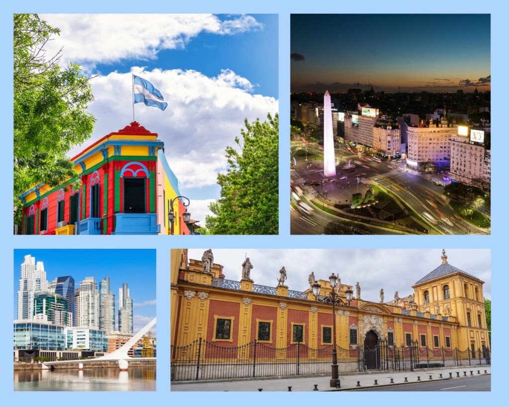 Buenos Aires Reise – bunte Häuser in La Boca, Obelisk an der Avenida 9 de Julio, modernes Viertel Puerto Madero und koloniale Architektur.