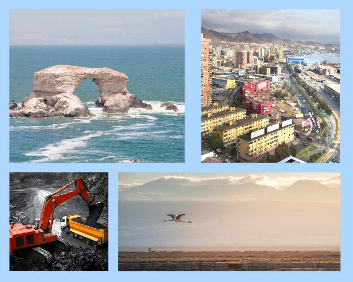 Auf dem Bild ist der Felsbogen La Portada und die Stadt Antofagasta abgebildet. Außerdem ist ein Bergbau-Bild und ein Naturbild von Antofagasta abgebildet.