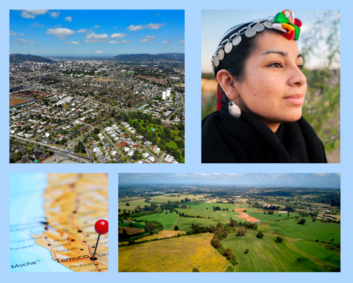 Collage mit einer Luftaufnahme von Temuco, dem Porträt einer Frau mit traditionellem Schmuck, einer Landkarte mit markiertem Temuco und einer grünen Landschaft.