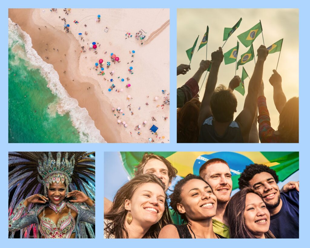Rio de Janeiro - Collage aus Strandaufnahme der Copacabana, jubelnden Menschen mit Brasilien-Flaggen, Sambatänzerin und fröhlicher Gruppe junger Menschen