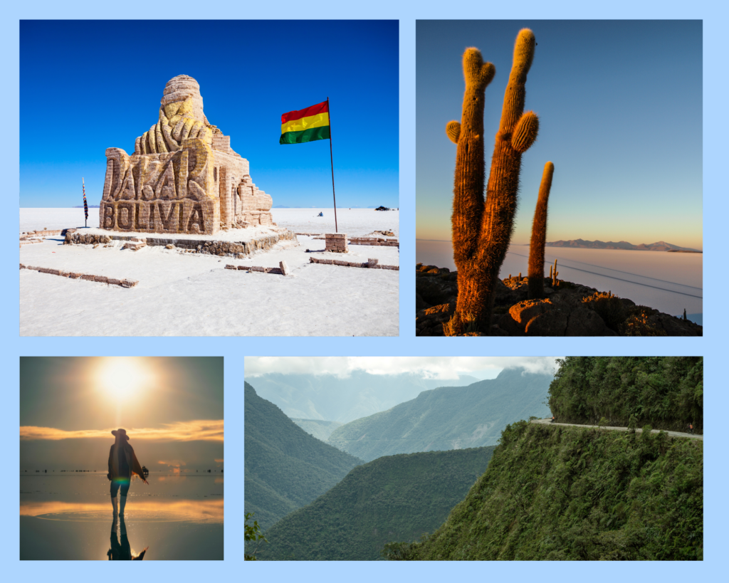 Collage mit dem Salar de Uyuni und tropischem Regenwald im Amazonasgebiet Boliviens
