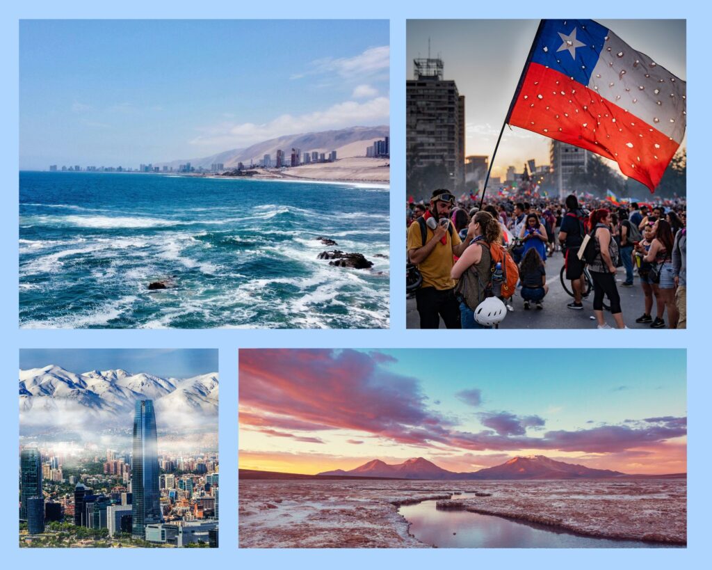Küstenabschnitt in Chile, Demonstration mit Chile-Flagge, weiter Blick auf Santiago de Chile, lila Landschaft mit Bach und Bergen im Hintergrund