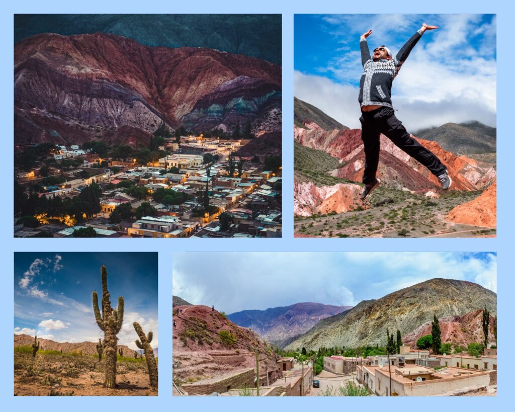 Nächtliches Luftbild von Purmamarca mitsamt Berg der sieben Farben (Cerro de los Siete Colores), ein vor Freude in die Luft springender Mann vor der berühmten Bergkulisse, Kakteenwüste und eine weitere Dorfansicht über die Dächer