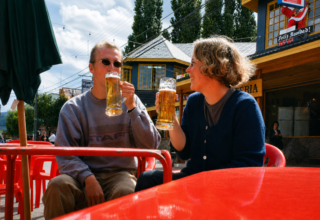 Christof und ich in einem Biergarten an Heiligabend mit erhobenen Biergläsern
