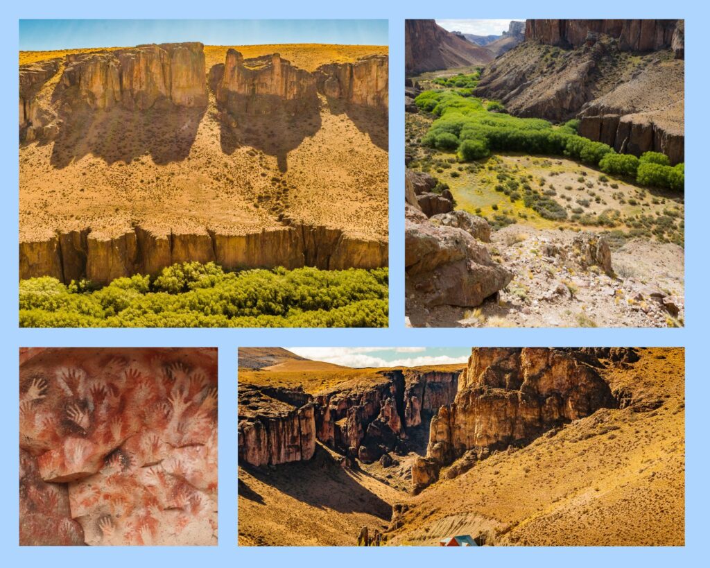 Cueva de las Manos – beeindruckende Felsformationen und Schluchtenlandschaft des Río Pinturas in Patagonien mit der berühmten Höhle der Hände.