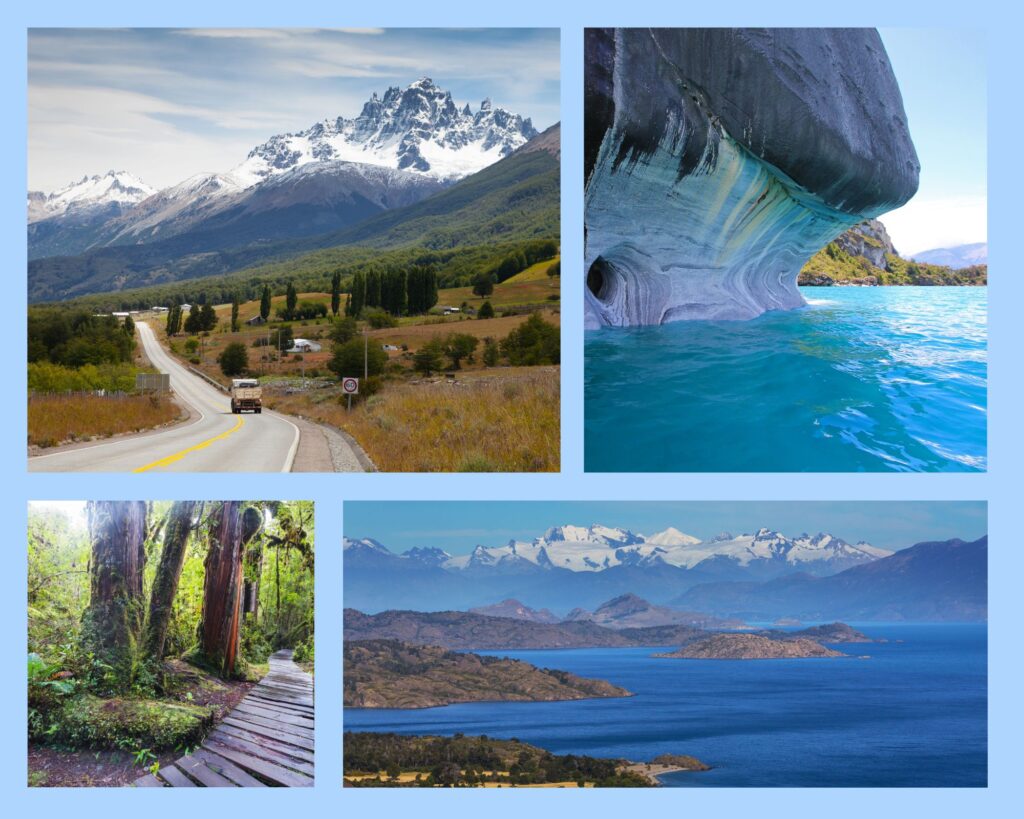 Collage: Die Carretera Austral mit dem Cerro Castillo, Capilla de Marmol, gemäßigter Urwald und Lago General Carrera