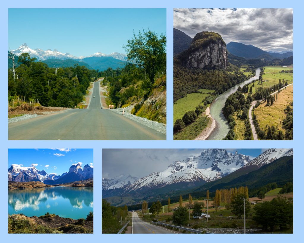 Bilder von der Carretera Austral, die so unendlich lang wirkt und man oft alleine auf seinem Roadtrip durch die Chilenisch/Argetinischen Landschaften ist. Im Panorama sieht man immer Bäume, Fjorde, Flüsse und Berge, meistens die Anden. Am Straßenrand beeindrucken die grünen Weiten von Patagonien. Auch der Torres del Paine Nationalpark liegt auf dem Weg in Richtung Süden, mit seinem Bergpanorama über dem türkisblauen Seen ist er wirklich einzigartig.