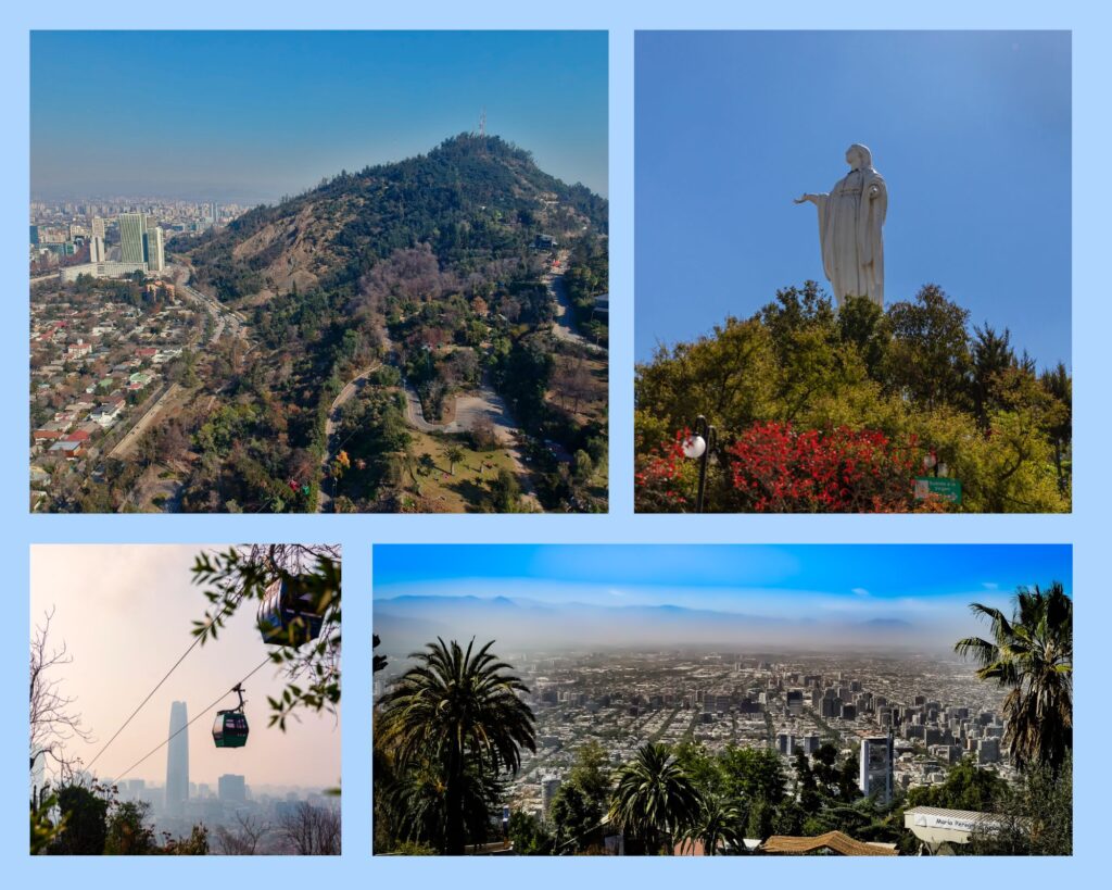 Der Cerro San Cristóbal, die Marienstatue auf dem Gipfel, Blick auf die Standseilbahn, die hinauf führt und der Blick vom Gipfel über Santiago bis zu den Anden