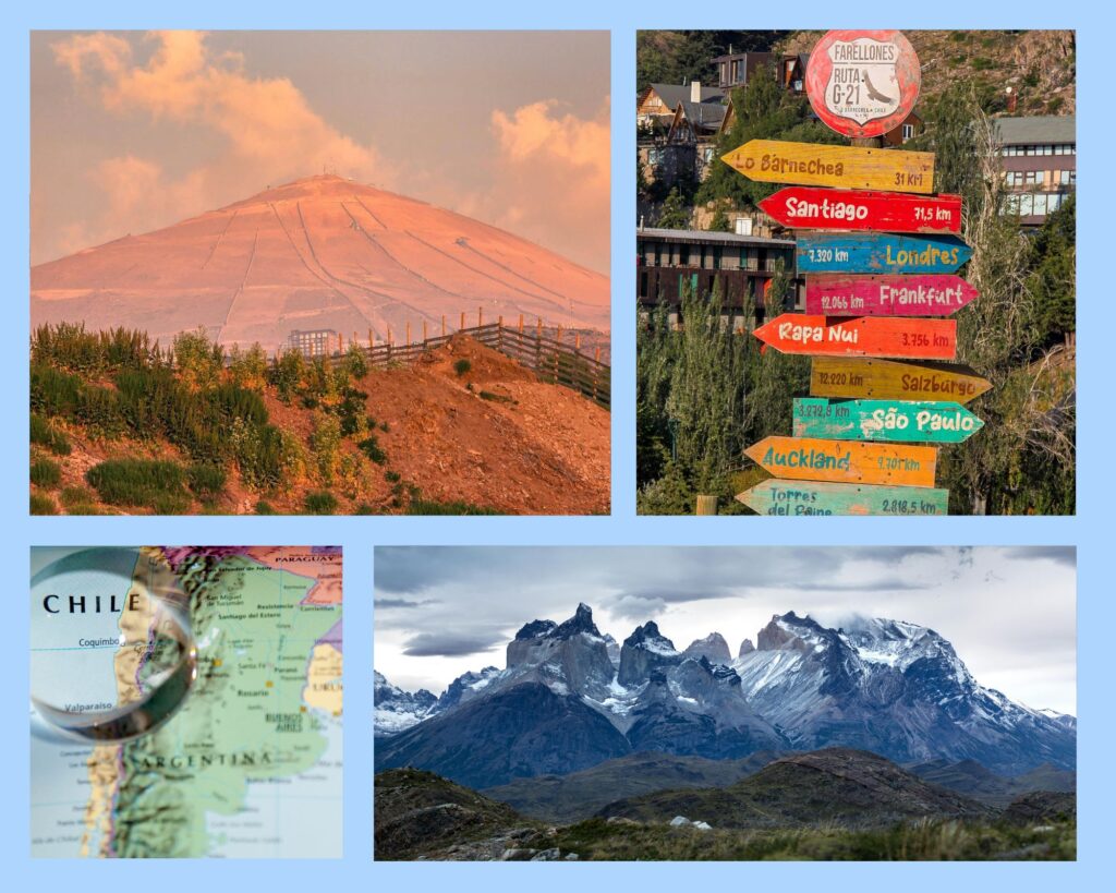 Rötlicher Berg in der Atacama, bunte Welt-Wegweisschilder in Chile, Chile auf der Landkarte, Bergmassiv in Patagonien