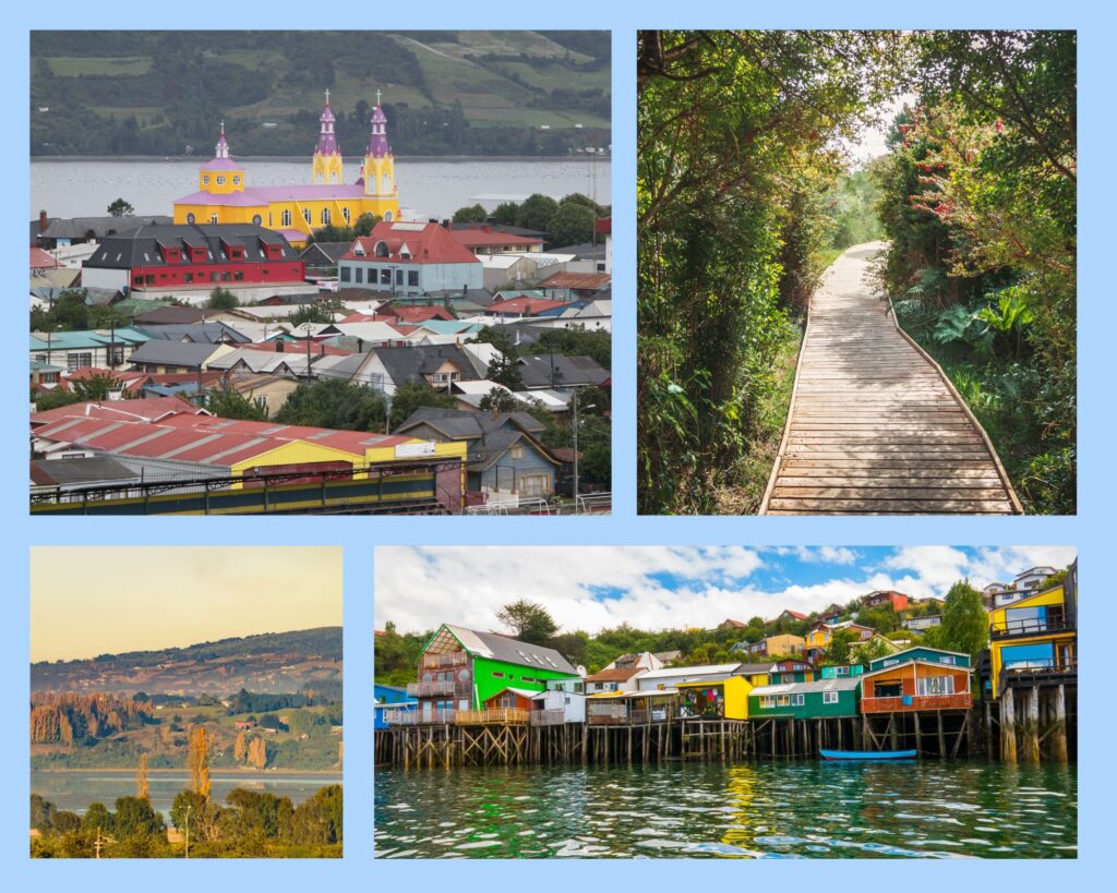 Inselhauptstadt Castro mit gelb-lilaner Holzkirche Iglesia de San Francisco, bunten Stelzenhäusern, einem Holzweg durch den Nationalpark und einer weiten Aufnahme des Nationalparks mit Wasser