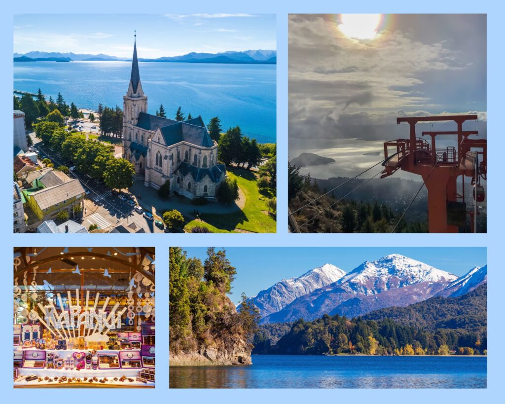 Bariloche mit typischem Chalet, Seilbahn auf den Cerro Campanario, Schokoladengeschäften in der Stadt und Blick auf den Nahuel Huapi See mit Bergen im Hintergrund