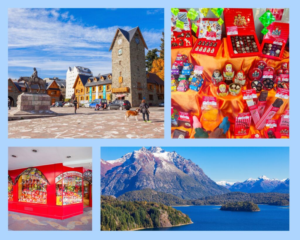 Collage aus Bariloche mit traditionellen Schokoladengeschäften, belebtem Marktplatz und Panorama Blick auf den Nahuel Huapi See in Patagonien, hier sieht man die
Sehenswürdigkeiten und Natur der Stadt.