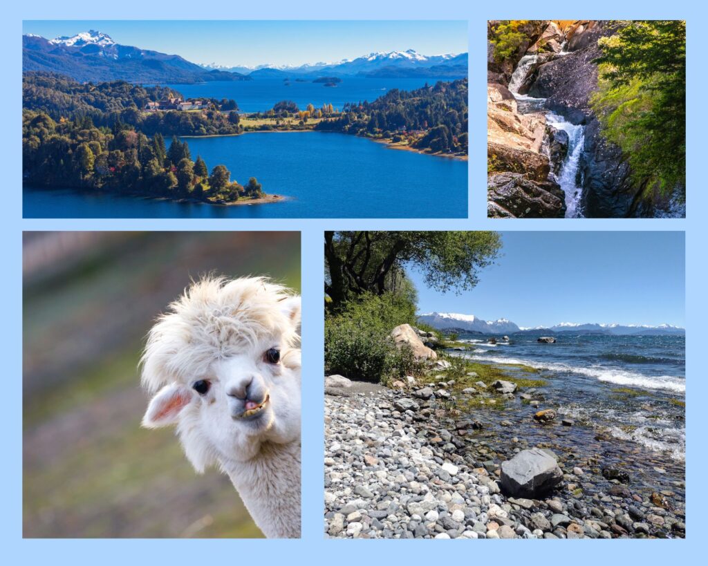 Collage aus Bariloche mit Blick auf den Nahuel Huapi See, einem Alpaka und einem Wasserfall in der umliegenden Andenlandschaft Patagoniens
