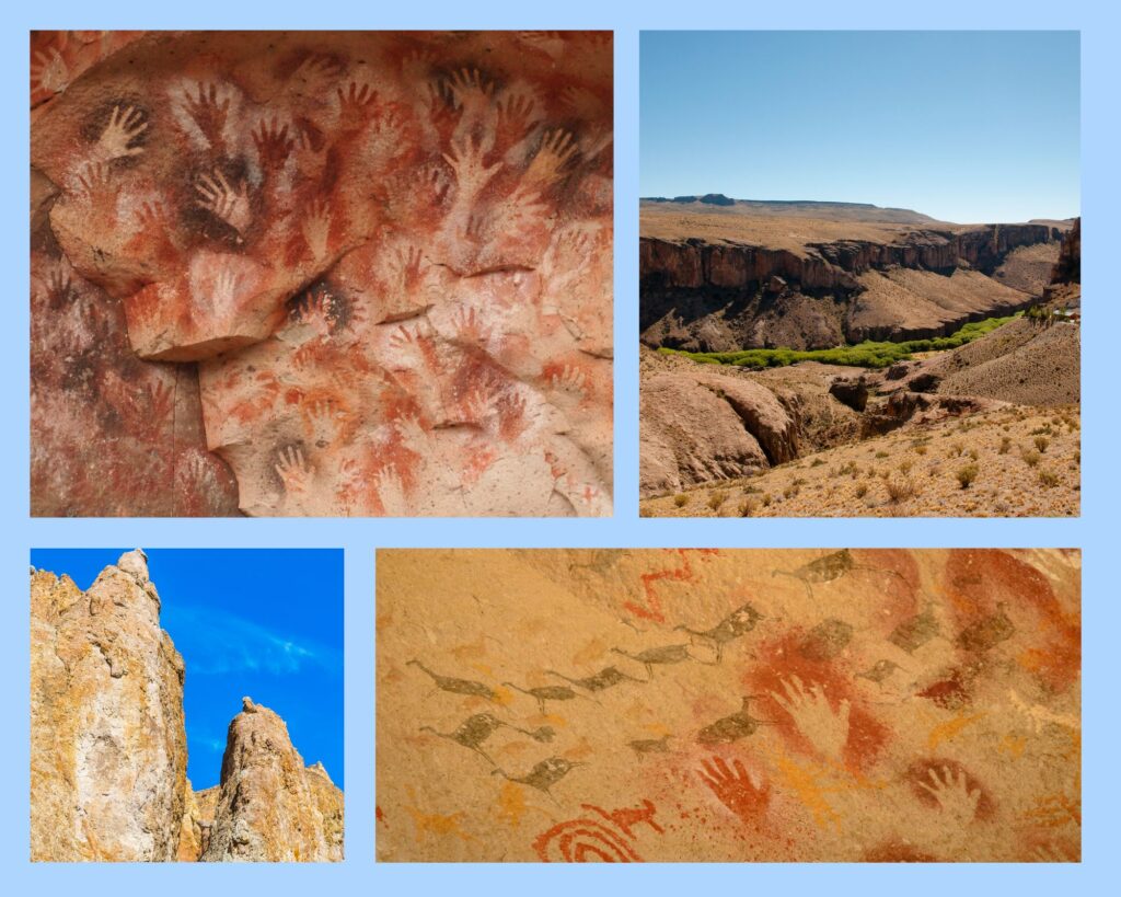 Cueva de las Manos – prähistorische Höhlenmalereien mit farbigen Handabdrücken und Felszeichnungen im Tal des Río Pinturas in Patagonien.