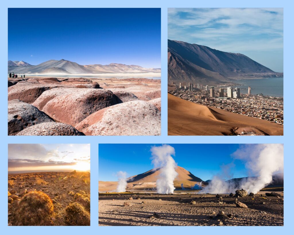Der Norden Chiles – Atacama & Hochland: Atacama-Wüste mit Salzseen, Küstenabschnitt mit Stadt vor Bergkette, runde Kakteen in der Atacama, aufsteigende Dämpfe in der Atacama