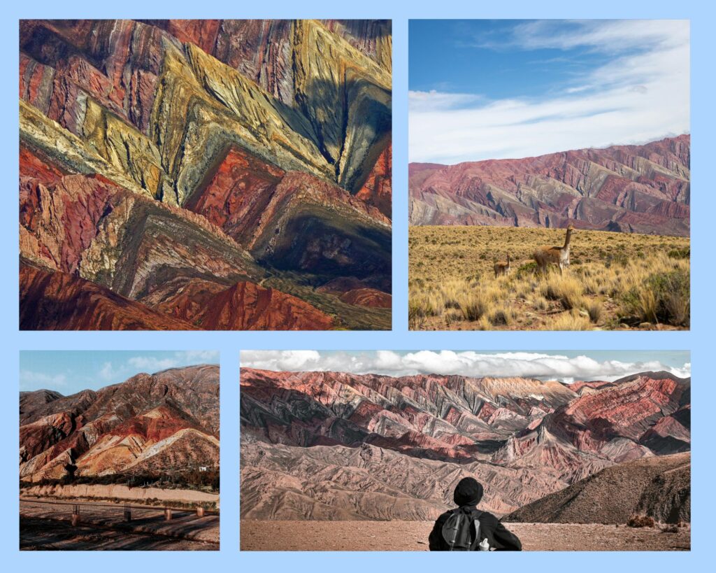 Verschiedene Blickpunkte zum in der Ferne gelegenen Berg der vierzehn Farben (Serranía de Hornocal).