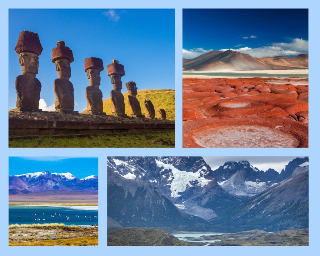 Moai-Statuen, rote Salzkrater in der Atacama-Wüste, Bergzüge in Patagonien mit Wasservögeln
