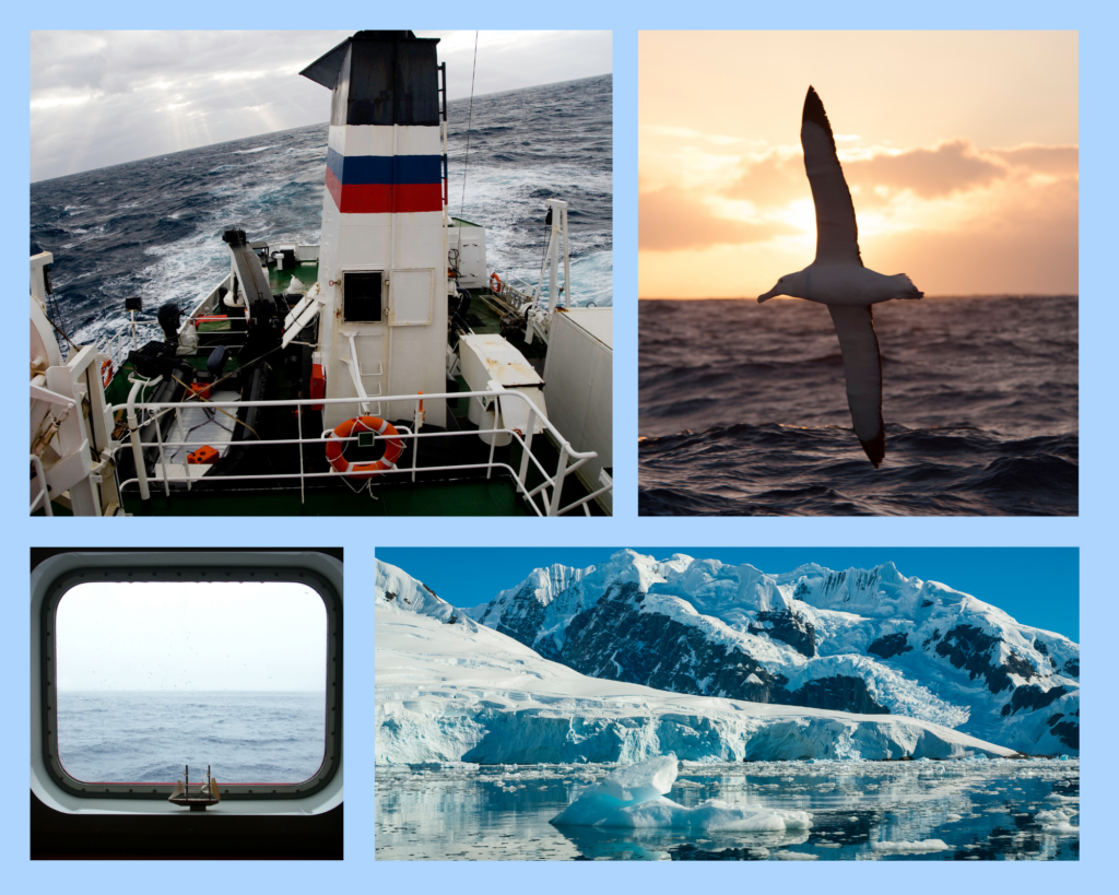 Die Drake Passage ist ein raues gebiet, die Schiffe kämpfen hier auf dem Weg gegen meter hohe Wellen, riesige Eisschollen und dem Wetter. Dies sieht auf den Bildern, mit dunkelblauen Wellen die das Boot treffen. Auf dem Schiff hat man jedoch unfassbare Ausblicke, auf fallende Gletscher, die unendlichen Weiten und Tierbeobachtungen, wie Antarktis-Vögel, Robben und Pinguine.