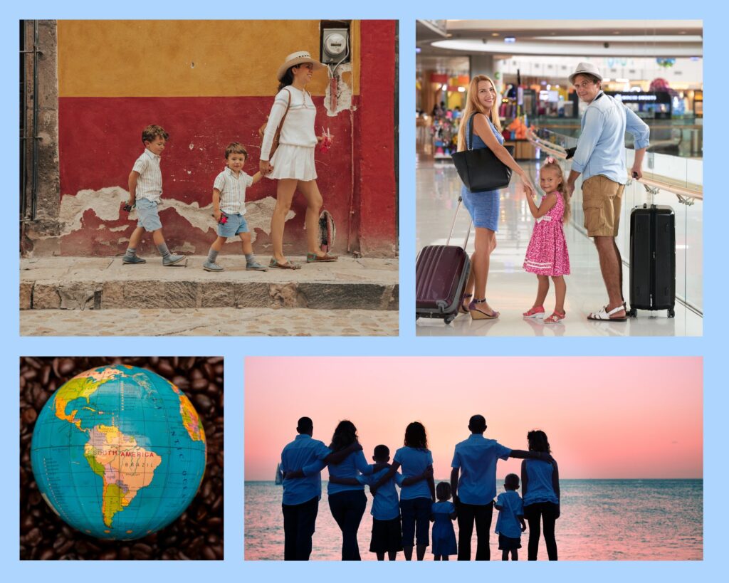 Collage: Mutter mit Kleinkindern reist in Mexiko, Familie am Flughafen, Globus mit Süd- und Mittelamerika, Familienreisegruppe am Meer