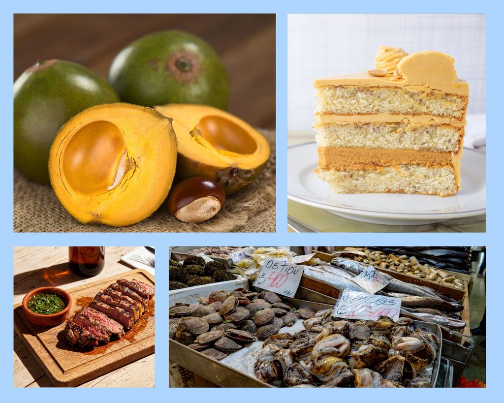 Die chilenische Küche greift auf verschiedene Einflüsse und Gegebenheiten zurück: Früchte wie Lucuma, Kuchen mit Dulce de leche, gegrilltes Fleisch und der Fischmarkt in Puerto Montt