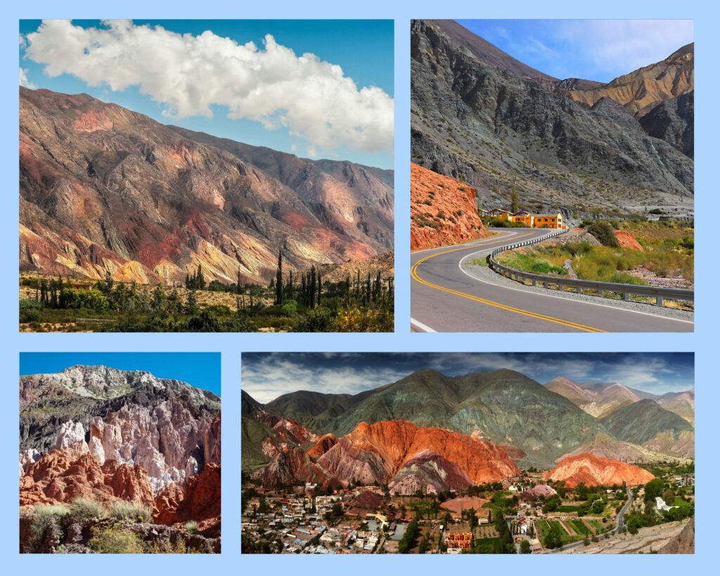 Cerro de los Siete Colores, eine geschlängelte Taltraße, Gebirgszüge und der kleine Ort Purmamarca