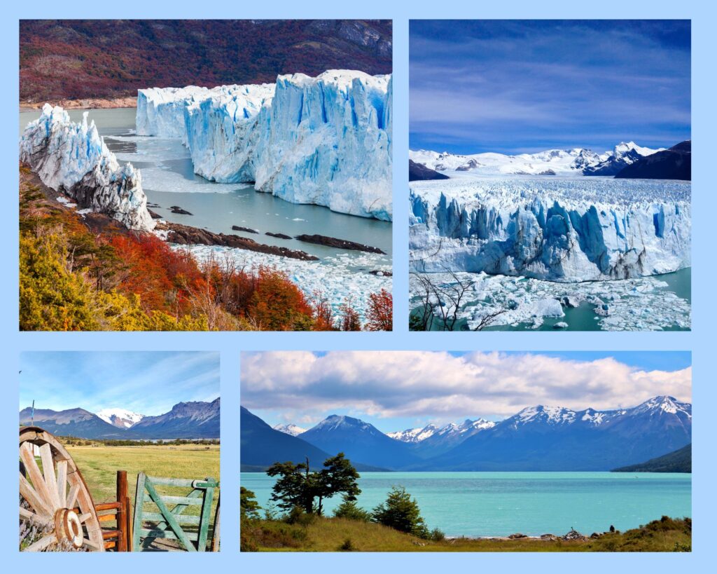 Collage: Der berühmte Perito Moreno Gletscher, El Calafate und der Lago Argentino