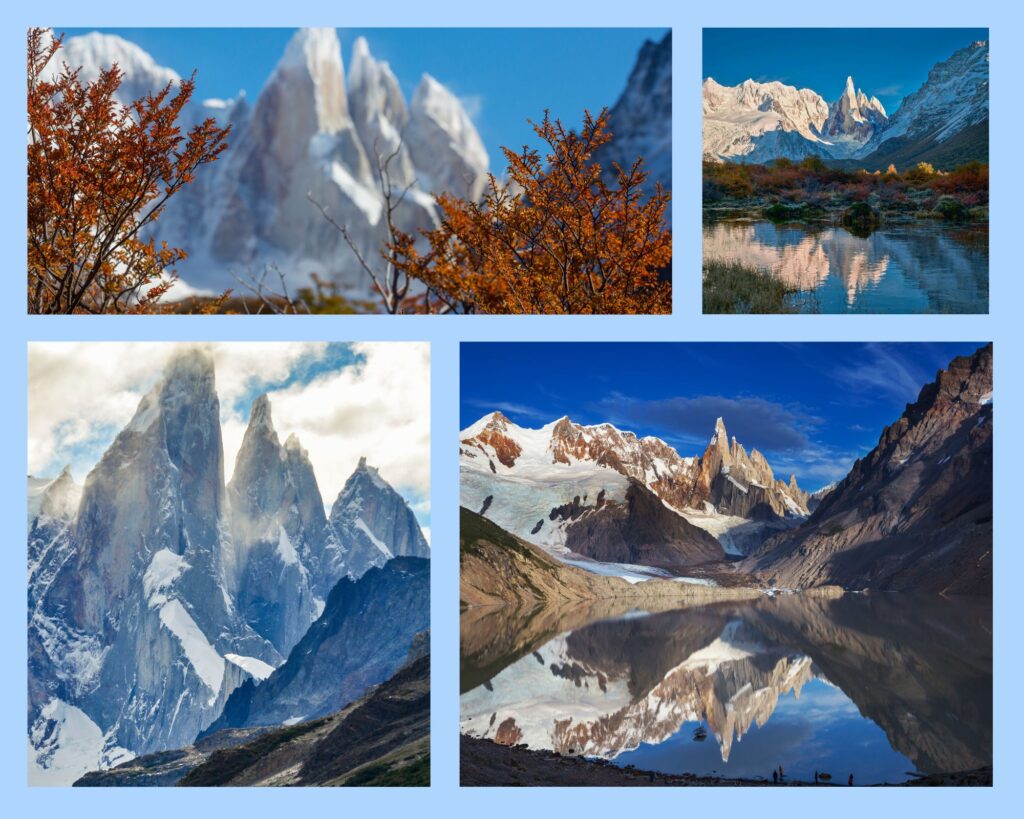 Panorama-Collage des Cerro Torre, zeigt das imposante Bergmassiv, die umliegenden Täler und die raue Natur Patagoniens