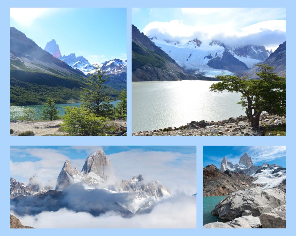 Collage aus El Chaltén mit Bergpanorama der Anden, smaragdgrünem Gletschersee und dem imposanten Gipfel des Fitz Roy.