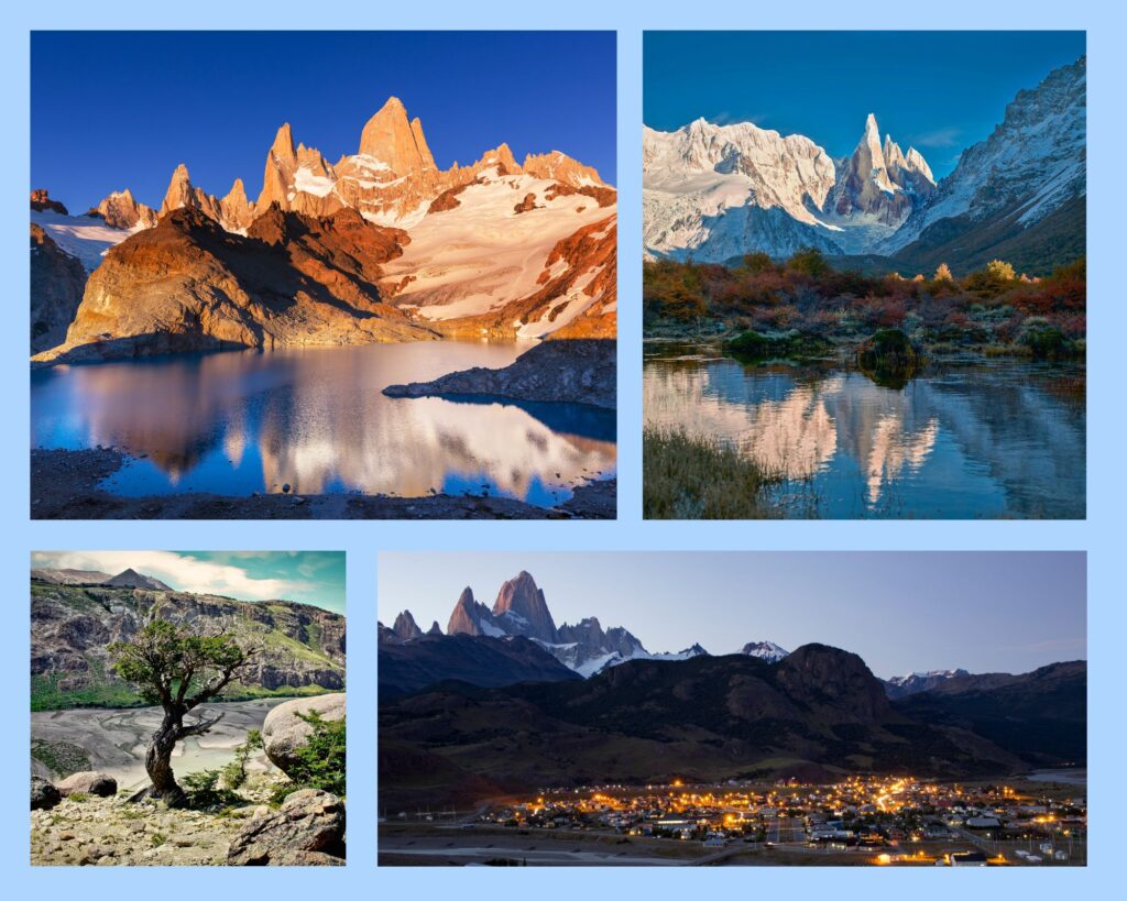 Collage: Fitz Roy mit Laguna de los Tres, Cerro Torre mit Laguna Torre, El Chaltén