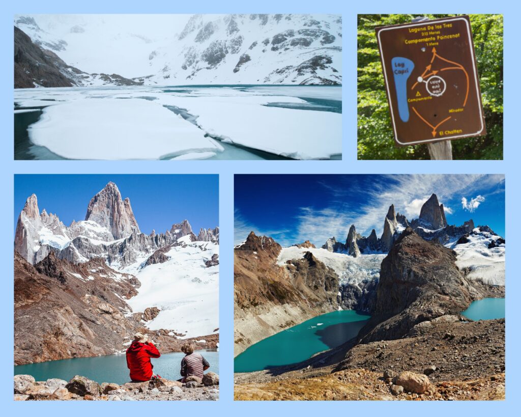 Vier Bilder der Laguna de los Tres bei El Chaltén, mit tiefblauen Türkisfarbenden Wasser, beeindruckenden Berggipfeln des Fitz Roy, spektakulären Panoramen und Wanderern am Seeufer.