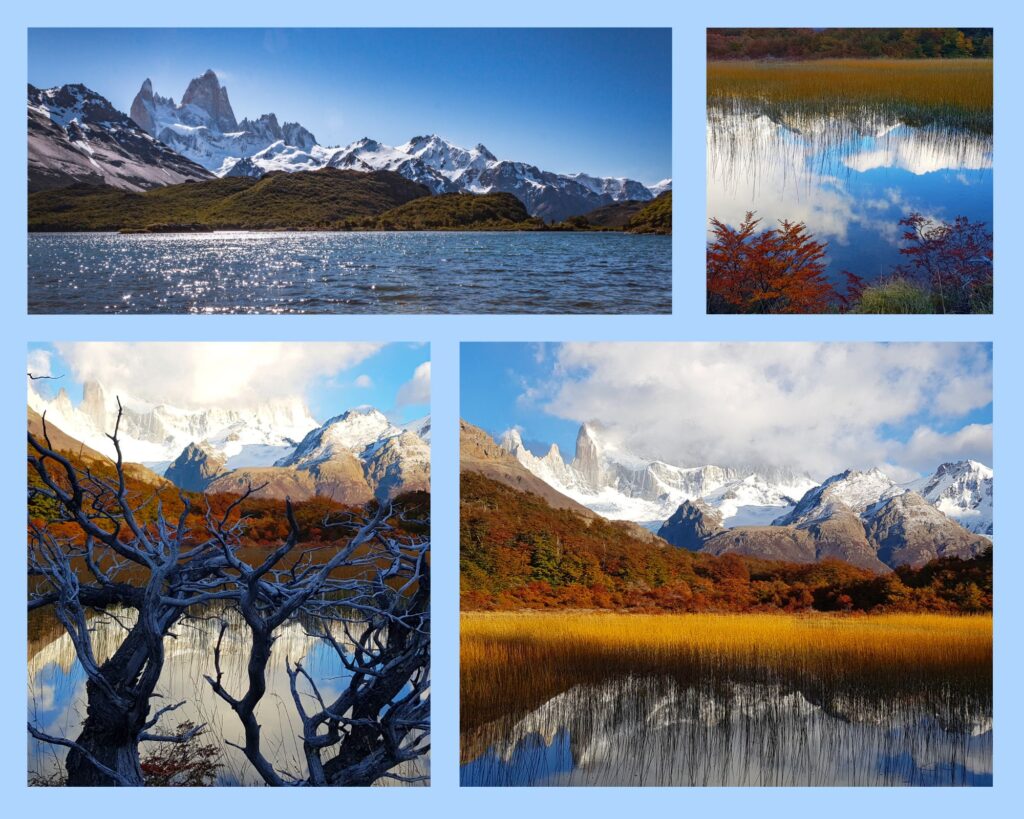 Collage aus vier Bildern der Laguna Capri in El Chaltén, mit tiefblauem Wasser, in dem sich das Bergpanorama von Fitz Roy und Cerro Torre spiegelt.