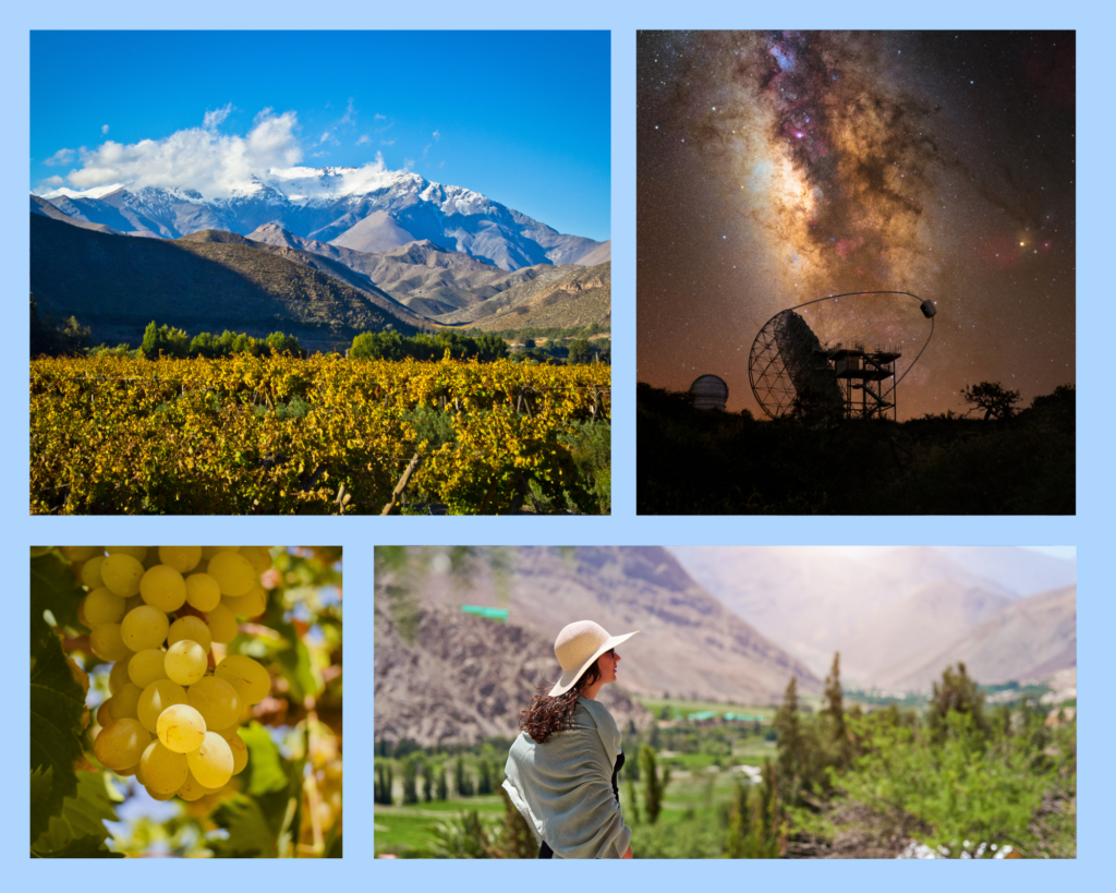 Auf dem Bild sind verschiedene Bilder des Valle del Elqui zusehen. Von den Bergen über das Tal, zu den Weintraum und einem Oberservatorium zum Sterne beobachten.