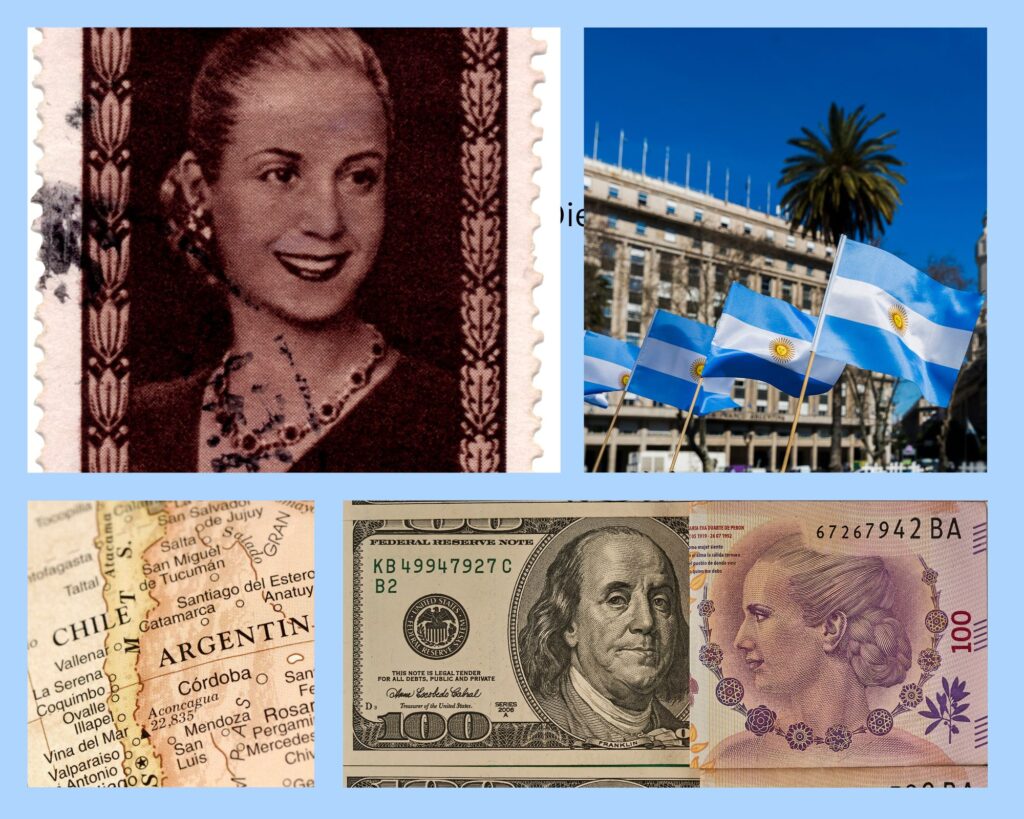 Eva Perón auf Briefmarke und Banknote – Symbol der argentinischen Geschichte und Ikone in Buenos Aires.