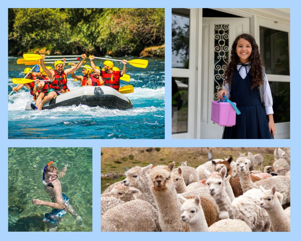 Aktivitäten bei Familienreisen sind u.a. Rafting, Zusammentreffen mit Kindern vor Ort, Schnorcheln und hautnahe Begegnungen mit Tieren wie z.B. Lamas