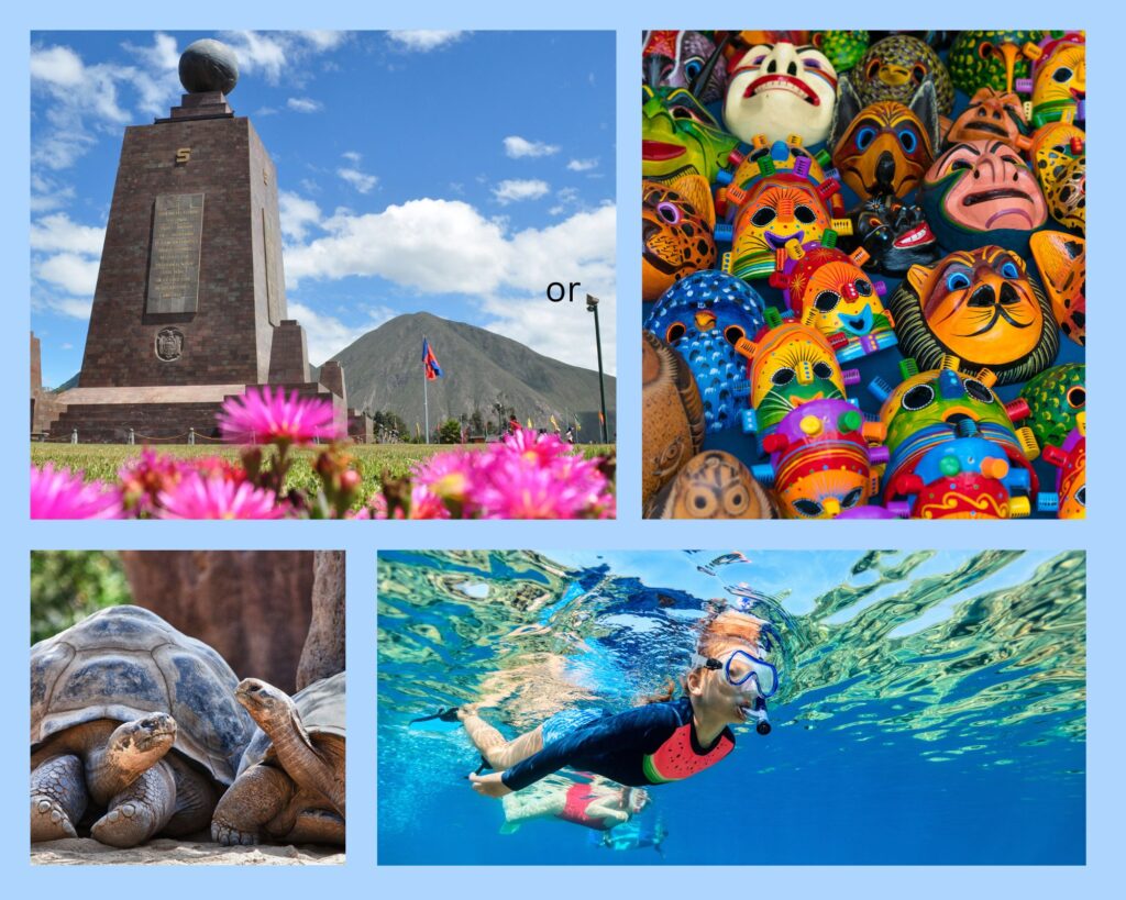 Familienreisen in Ecuador: Äquator-Denkmal, bunte Masken beim Markt in Otavalo, tierische Begegnungen und schnorcheln auf Galapagos