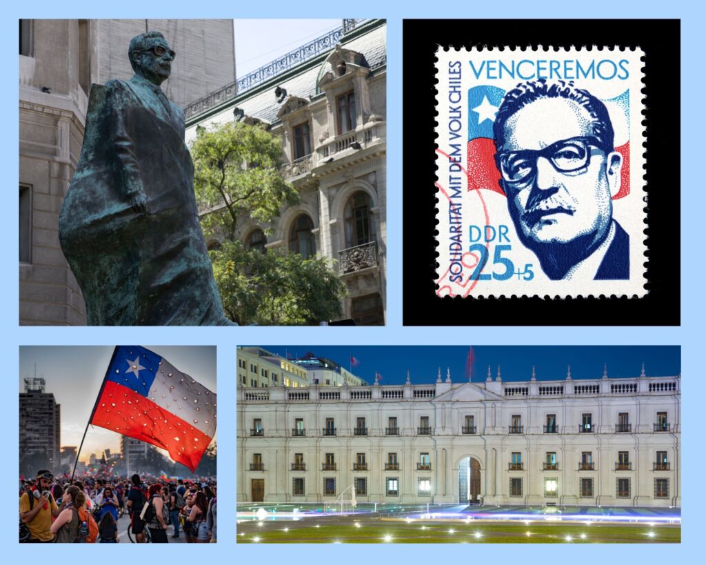 Lebendige Geschichte in Chile: Statue Salvador Allendes vor La Moneda, Allende auf einer DDR-Briefmarke, Demonstration in Santiago und der Präsidentenpalast