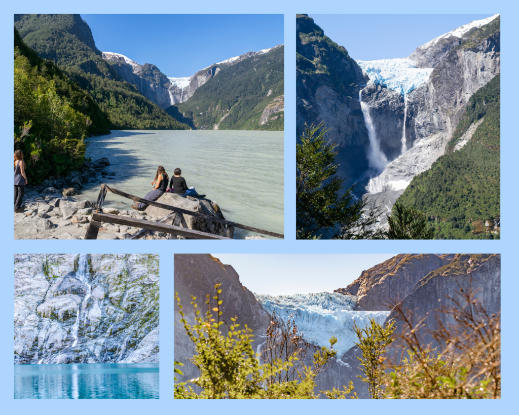 Der Ventisquero Colgante Hängegletscher hängt 550 meter über dem türkisblauen See. Man hört und sieht immer die Wasserfälle die vom Gletscher aus nach unten rauschen. Die Farbe ist strahlen blau und wenn die Sonne auf den Gletscher fällt blendend weis. Umgeben wird er von den grauen Steinen des Berges und grünen Wäldern, die eine Schlucht um den Gletscher formen.