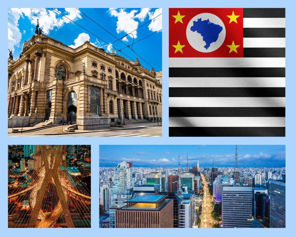 „São Paulo mit Theatro Municipal, Staatsflagge, Estaiada-Brücke und Skyline als kulturelle und architektonische Symbole der Metropole.“