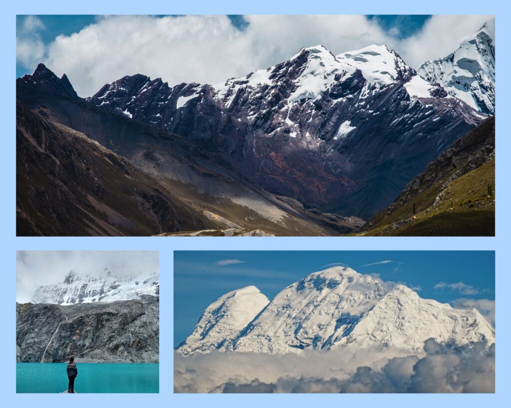 Huascarán – schneebedecktes Bergmassiv in den peruanischen Anden mit steilen Felsflanken, Gletschern und türkisfarbenen Bergseen, aus verschiedenen Perspektiven aufgenommen.